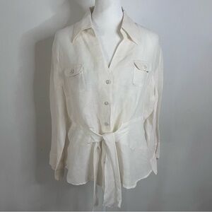 NIC+ZOE Linen/Silk Blend Cream Button-Down Tie-Wasit Blouse |Size Large|